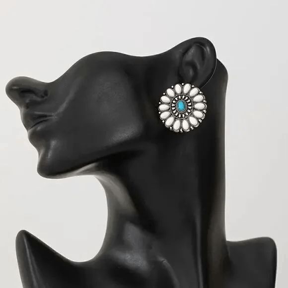 Western Bohemian Concho Turquoise Stud Earrings - Picture 5 of 5